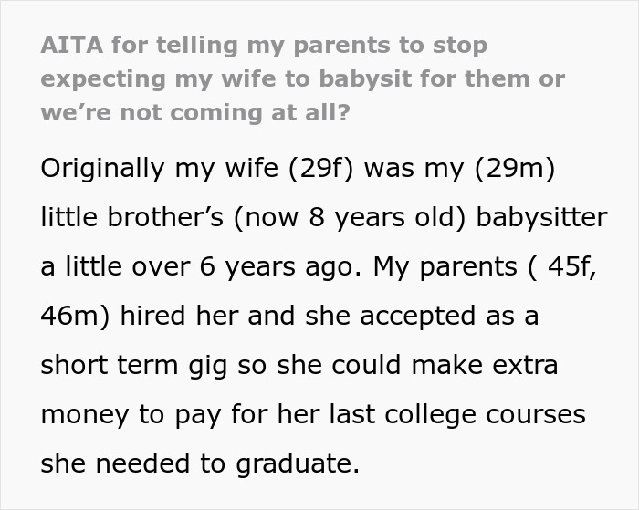 Text discussing family dynamics and babysitting expectations between parents and their son's family. Text discussing family dynamics and babysitting expectations between parents and their son's family.