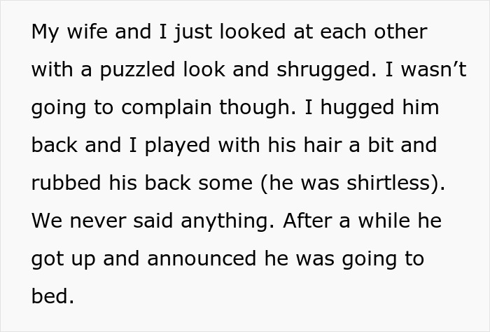 Text describing a teen boy wanting to snuggle with his dad, parents are puzzled but supportive.