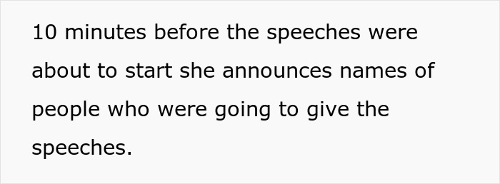 Text image about wedding speeches being announced, related to bride and anxiety pills incident.