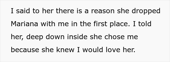 Text recounts a woman discussing why she was chosen to babysit a friend's daughter, Mariana, reflecting on love and trust.
