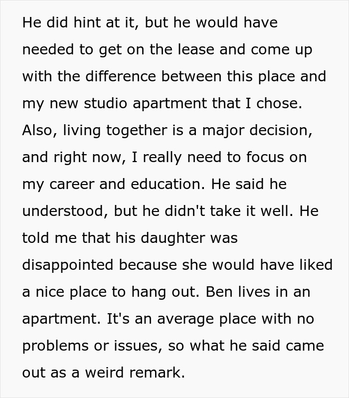 Text from a breakup story where a woman focuses on her career over a boyfriend's demands regarding his daughter.