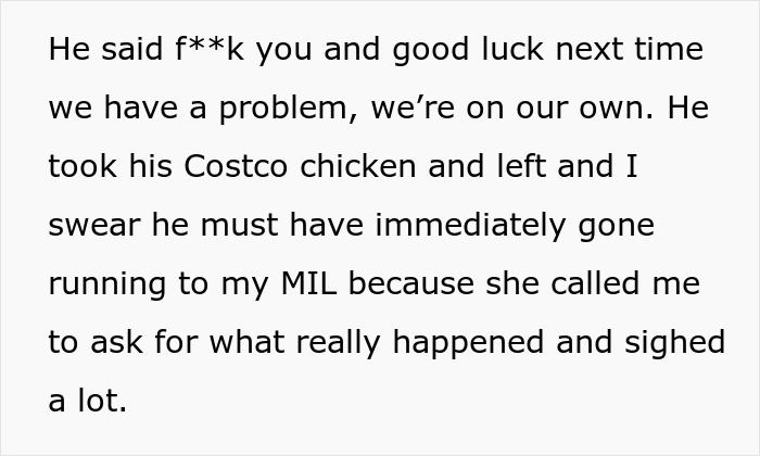 Text describing a man acting childish, troubling relatives, and seeking support from his mother-in-law.