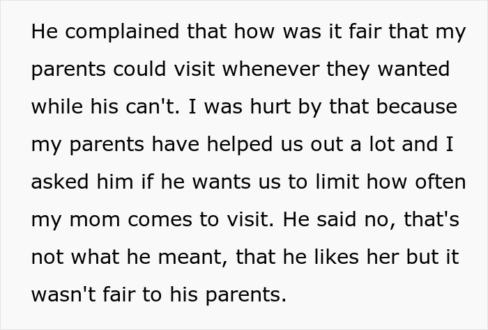 Text discussing fairness of parents' visits, with a son's perspective on in-law expectations. Text discussing fairness of parents' visits, with a son's perspective on in-law expectations.