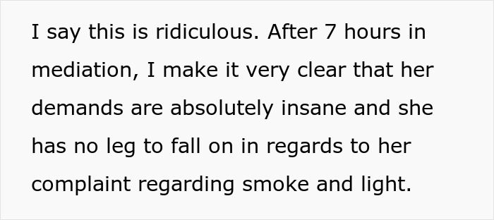 Text excerpt displaying a man discussing mediation and neighbor's demands. Text excerpt displaying a man discussing mediation and neighbor's demands.