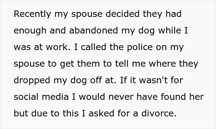 Text describing a spouse abandoning a dog, leading to police involvement and a request for divorce.