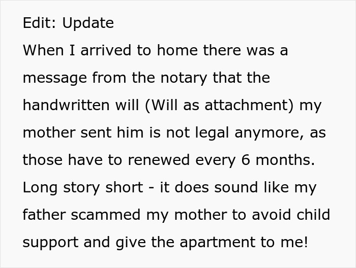 Text discussing a notary's update on an expired will related to an apartment inheritance situation.