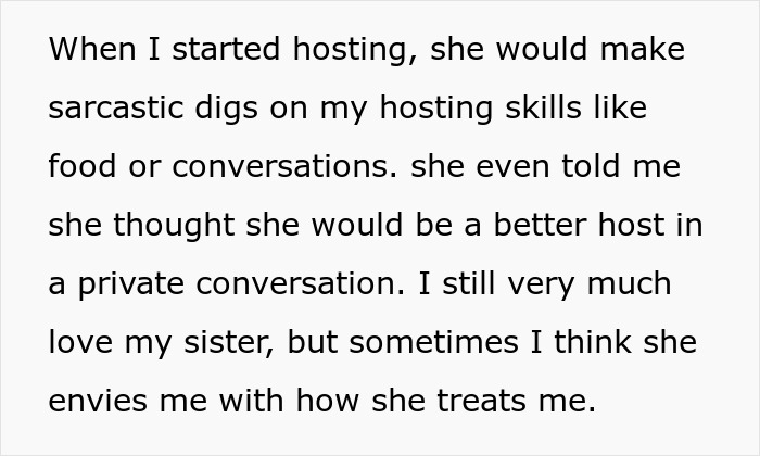 Text excerpt describing tension between siblings over hosting skills and tradition change involving sister rivalry and envy. Text excerpt describing tension between siblings over hosting skills and tradition change involving sister rivalry and envy.