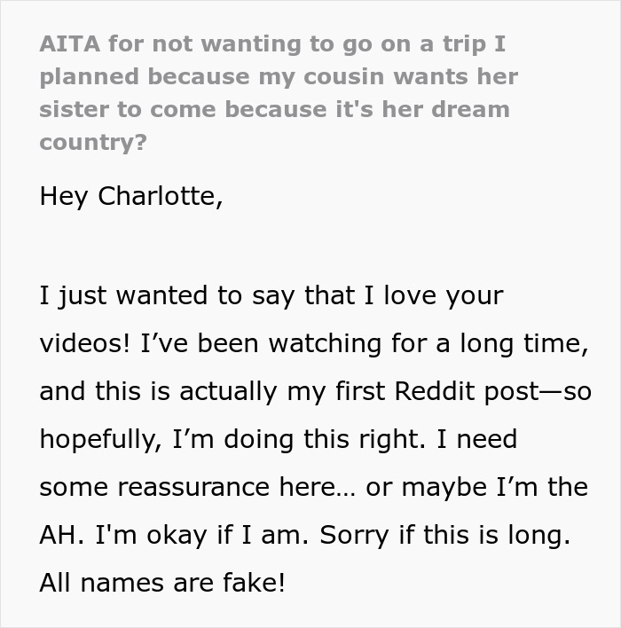 Text screenshot about cousin's trip plan and wedding invitation issues.