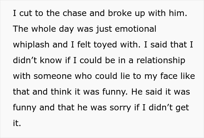 Text reads a breakup story over fake affair and pregnancy joke. Text reads a breakup story over fake affair and pregnancy joke.