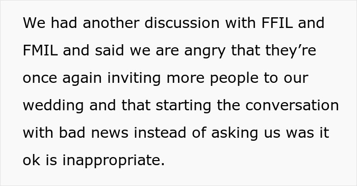 Text message showing frustration with future father-in-law over extra wedding guests.