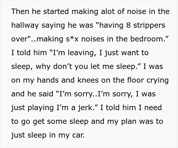 Text showing a distressed woman deprived of proper sleep by her boyfriend, describing emotional breakdown after weeks of noise. Text showing a distressed woman deprived of proper sleep by her boyfriend, describing emotional breakdown after weeks of noise.