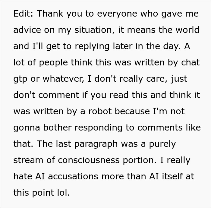 Text of an anonymous confession discussing feelings of disillusionment and addressing AI authorship accusations.