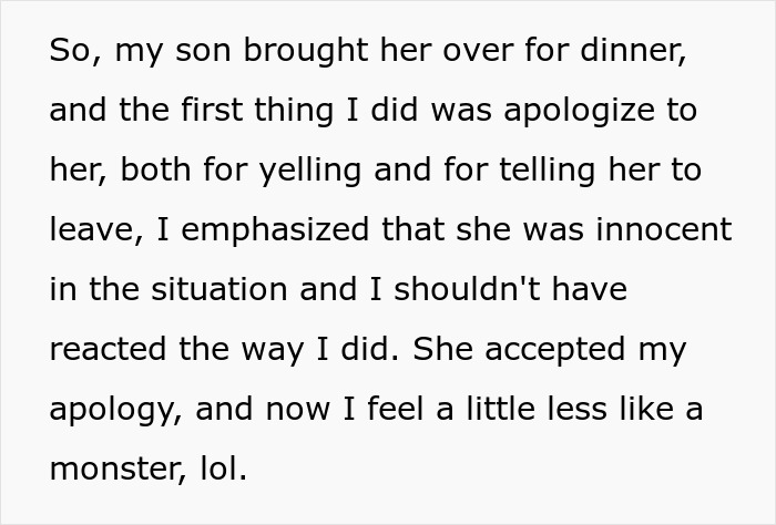 Text from a dad discussing an apology to his son's girlfriend over dinner after a past dispute.