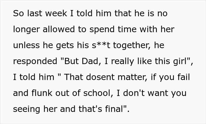 Dad bans son from seeing girlfriend due to slipping grades, conversation text excerpt about the conflict.