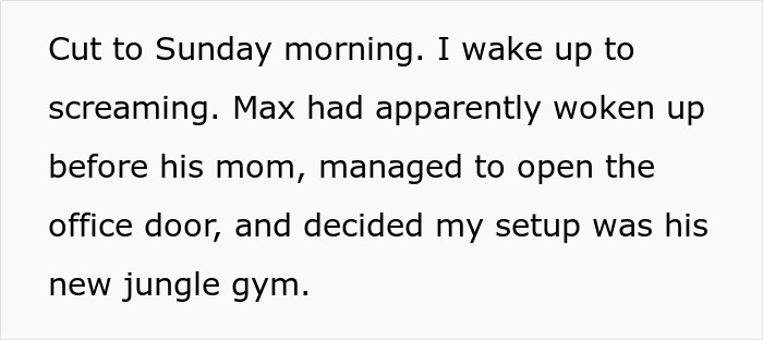 Text recounting woman hosting sister, nephew causing $2,000 damages; nephew plays on office setup.