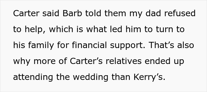 Text discussing financial support issues related to a wedding and family attendance dynamics.
