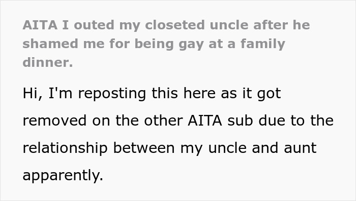 Text from an online post discussing family dynamics and outing a closeted uncle.
