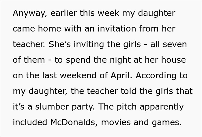 Invitation for sleepover from dance teacher to students, mentioning slumber party with McDonald's, movies, and games.