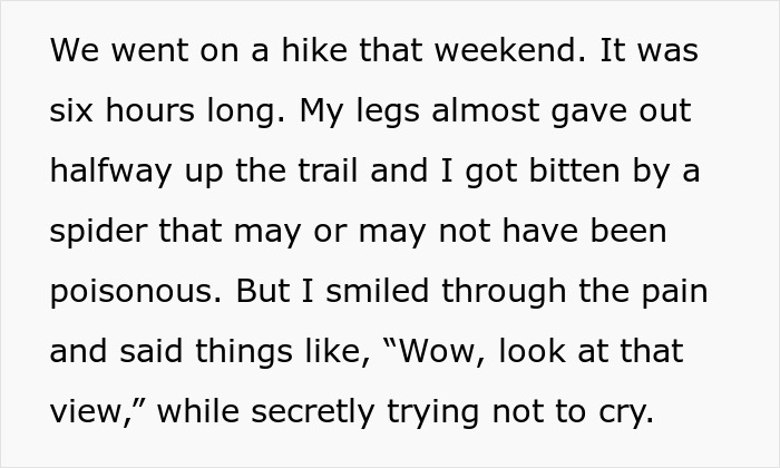 Text paragraph about a woman faking a love for hiking to impress a man, enduring a challenging hike. Text paragraph about a woman faking a love for hiking to impress a man, enduring a challenging hike.