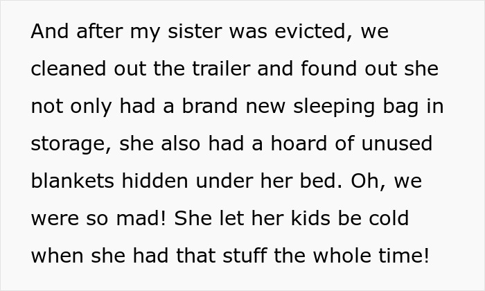 Text about a woman not caring for her kids, revealing hidden sleeping bag and blankets after eviction.