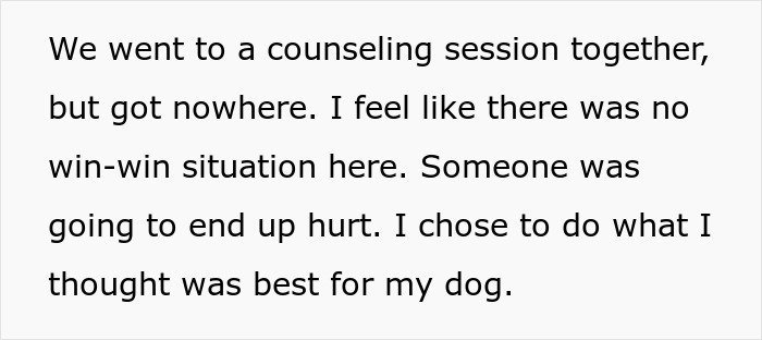 Text describing a difficult decision regarding a dog's suffering and prioritizing its best interests.