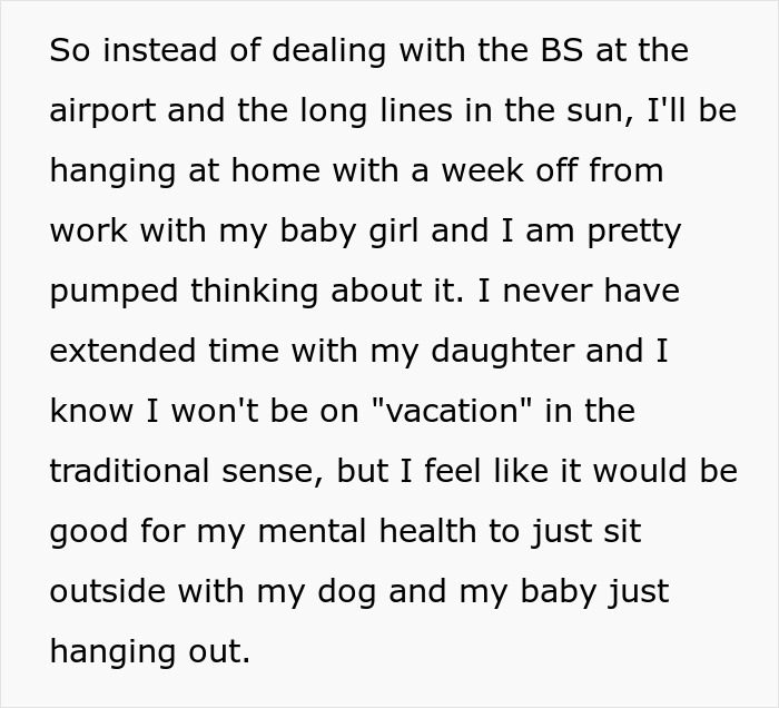Text message about MIL stealing vacation spot, guy happy spending time at home with daughter and dog for mental health.
