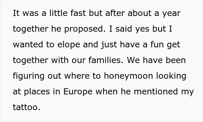 Text excerpt discussing a proposal, elopement plans, and a tattoo from a late husband.