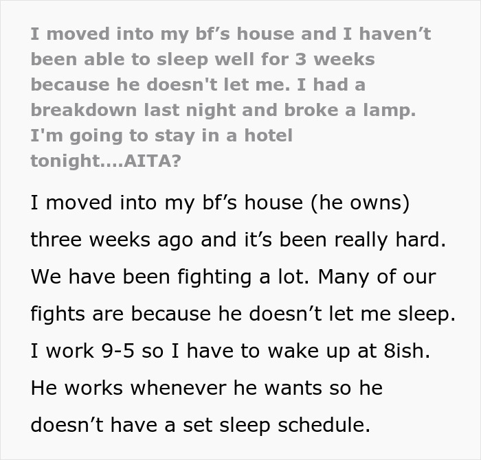 Text excerpt about GF deprived of proper sleep by BF for three weeks, considering staying in a hotel. Text excerpt about GF deprived of proper sleep by BF for three weeks, considering staying in a hotel.