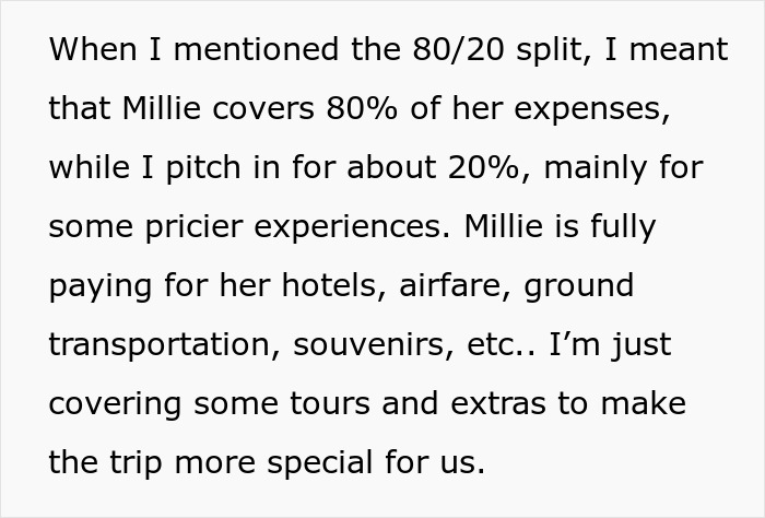 80/20 expense split explained with Millie covering most costs, including hotels and airfare, for a special trip experience.