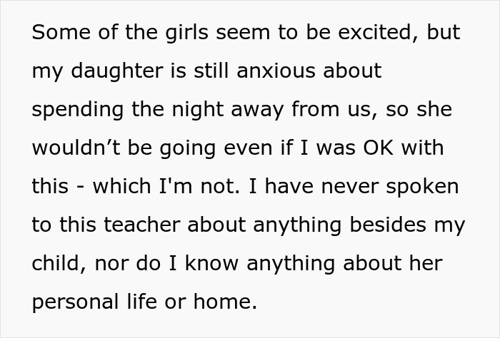 Text describing a mom feeling uneasy about a dance teacher's sleepover invite for her daughter.