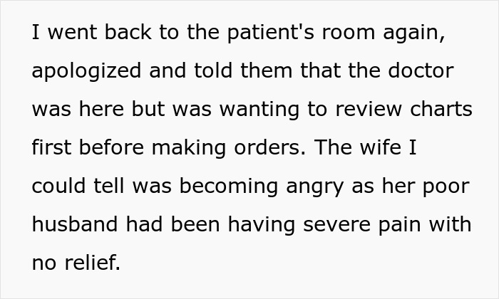 Text of an apology as a nurse addresses an angry wife about a suffering patient's ignored pain.