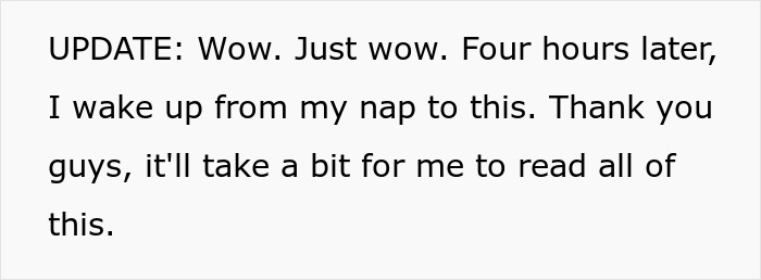 Text message with an update expressing surprise after a nap about family drama and damages.