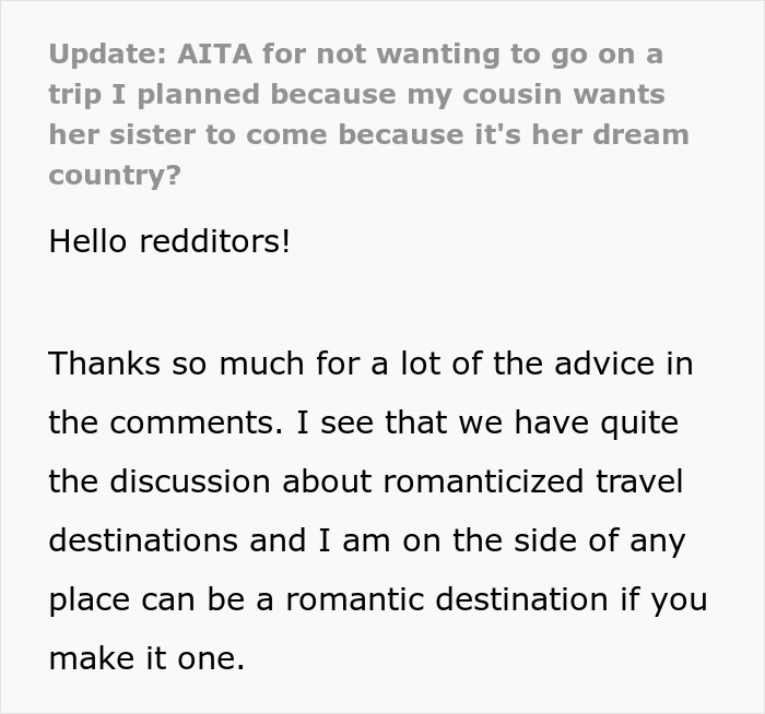 Text post discussing a trip conflict with a cousin over wedding invitation and dream travel destination.
