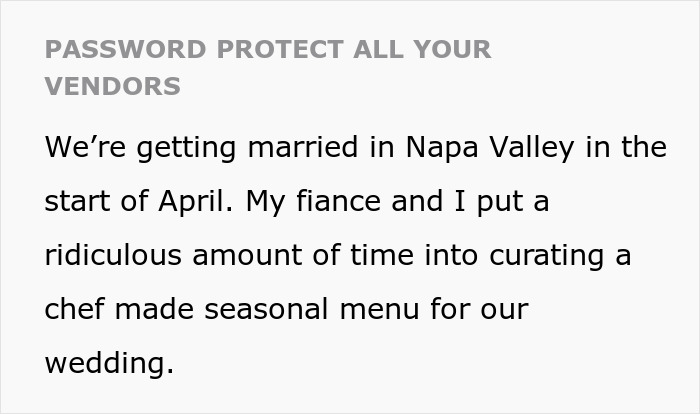 Password protect advice for vendors, with a couple discussing their carefully curated wedding menu for Napa Valley.