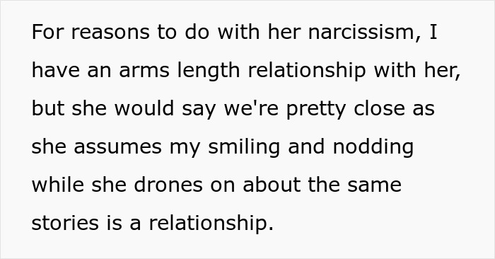 Text excerpt discussing a strained relationship due to narcissism and showing the challenge of communication in a family.