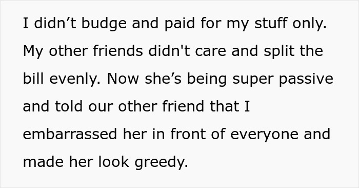 Text discussing splitting the bill at dinner, causing tension among friends. Text discussing splitting the bill at dinner, causing tension among friends.