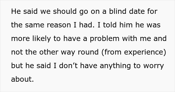 Text excerpt about a woman discussing a blind date and standards with a man. Text excerpt about a woman discussing a blind date and standards with a man.