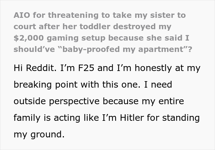 Text describing family drama over $2,000 damages caused by a toddler.