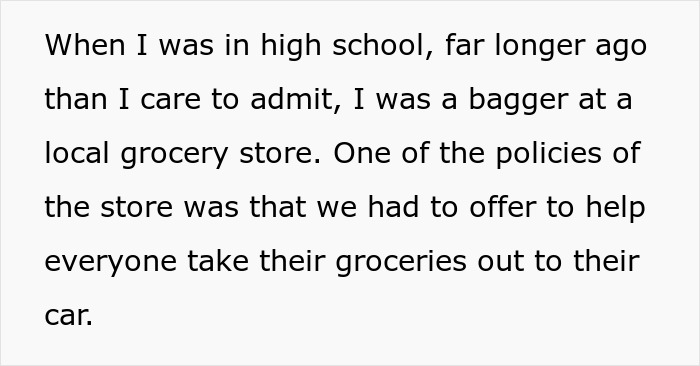 Text excerpt about following grocery store policy by helping customers with groceries. Text excerpt about following grocery store policy by helping customers with groceries.