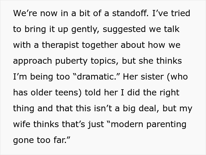 Text discussing a son and father grooming drama, involving a standoff and differing parenting views on puberty topics.