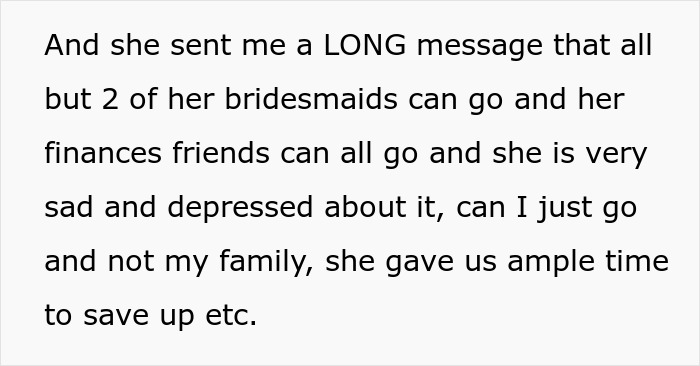 Text message discussing a woman choosing an affordable getaway with husband over attending friend&rsquo;s expensive wedding.