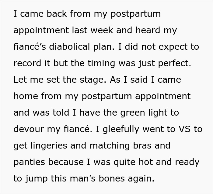 Text revealing a fiancé’s plot against his partner of 10 years is exposed by her after a postpartum appointment. Text revealing a fiancé’s plot against his partner of 10 years is exposed by her after a postpartum appointment.