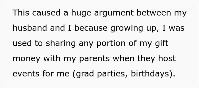 Text discussing parental demand for wedding gift share causing a marital argument.