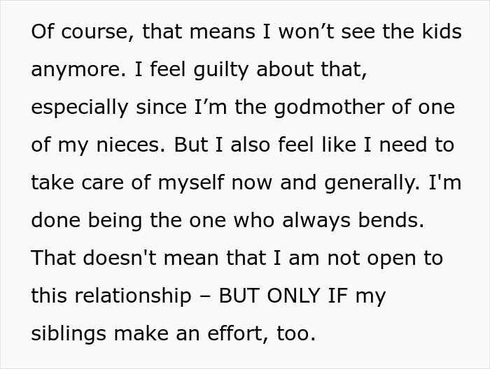Text describing guilt and self-care choices about visiting siblings and nieces/nephews relationships.
