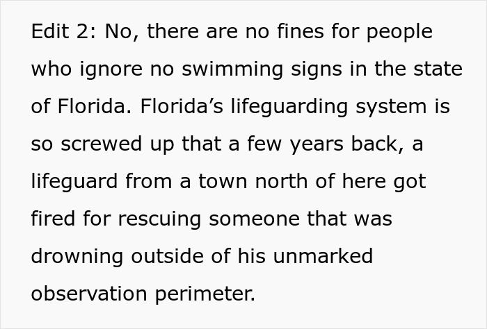 Text discussing a Florida lifeguard fired for rescuing a drowning person outside an unmarked observation area.