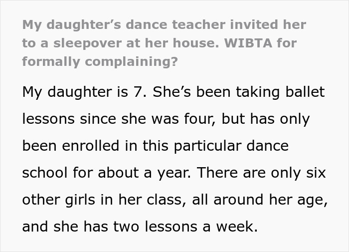 Dance teacher invites 7-year-old to sleepover, mom concerned.