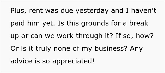 Text discussing rent issues and relationship advice, with keywords "rent money boyfriend. Text discussing rent issues and relationship advice, with keywords "rent money boyfriend.