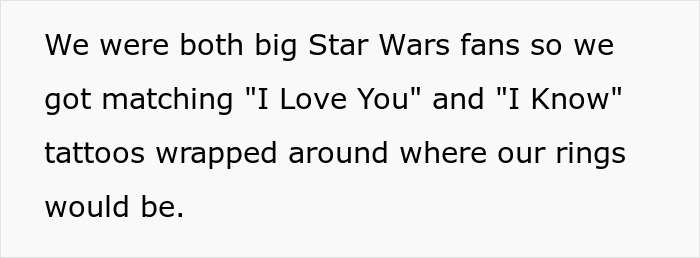 Text discussing matching Star Wars tattoos, "I Love You" and "I Know," symbolizing a past relationship.