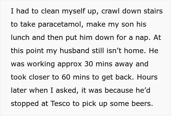 Text describing a woman's struggles post-miscarriage and her husband's delayed return from work. Text describing a woman's struggles post-miscarriage and her husband's delayed return from work.