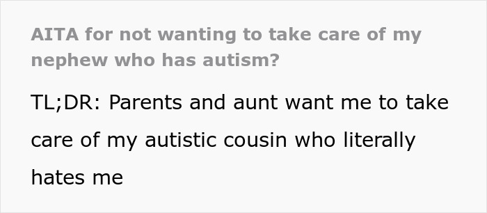 Text about a guy asked to take care of his autistic cousin who dislikes him.